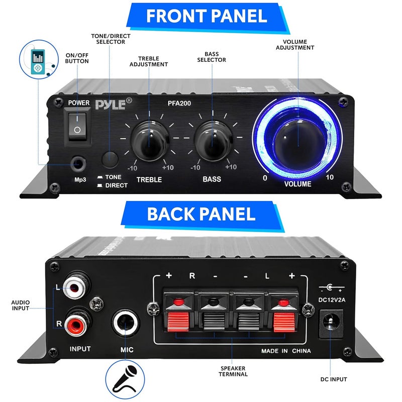 Pyle Home Mini Audio Amplifier - 60W Portable Dual Channel Surround Sound HiFi Stereo Receiver w/ 12V AC Adapter, AUX, MIC IN, Supports Smart Phone, iPhone, iPod, MP3 For 2-8ohm Speakers - PFA200 - Image 2
